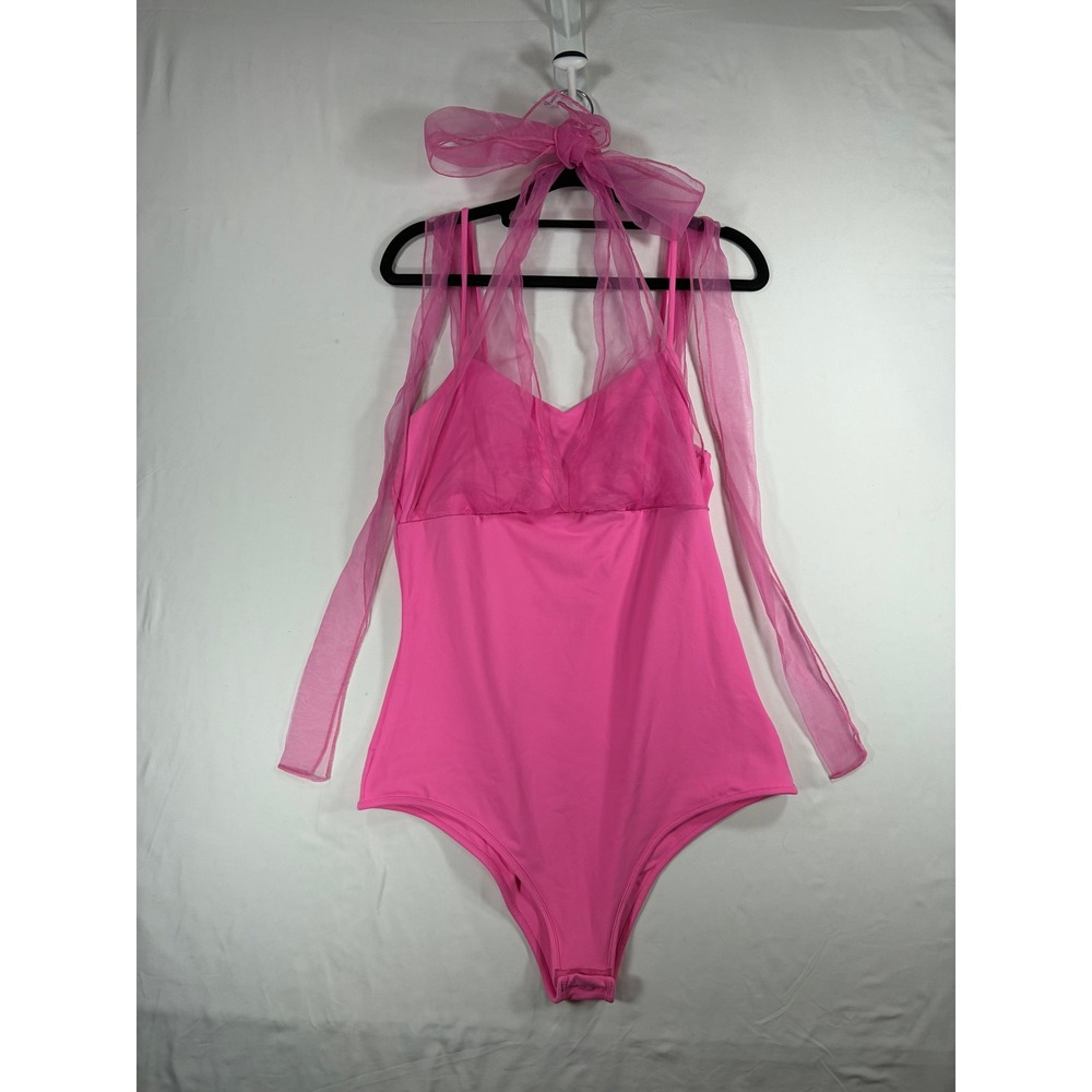 Pink Lily Bodysuit Women Medium Pink Excellent Tie Shoulder Organza Bow V-Neck